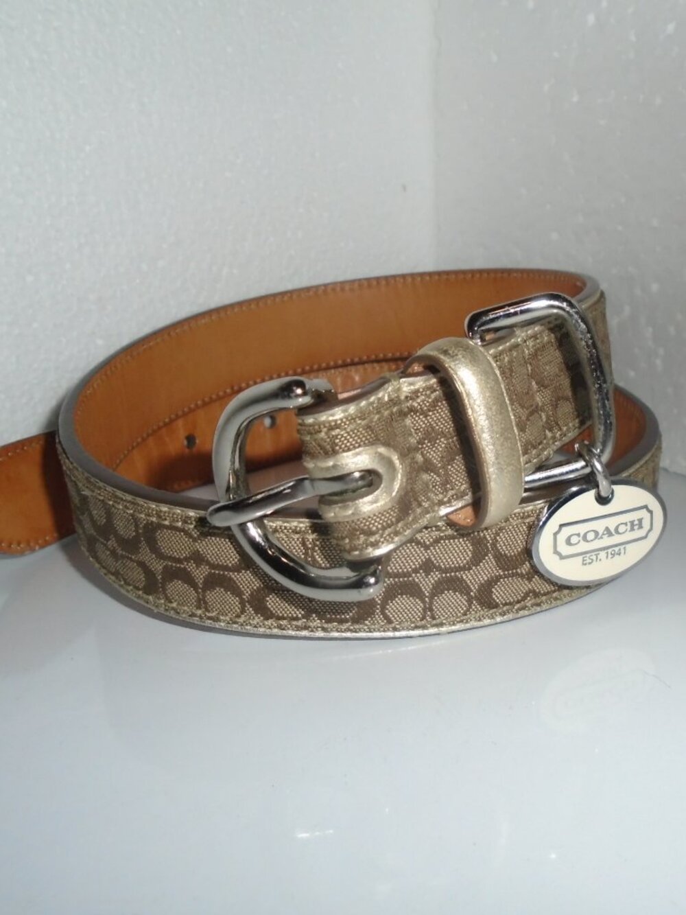 COACH VINTAGE Y2K GOLD LEATHER BROWN JACQUARD SIGNATURE C DOG PET COLLAR 8837 XL